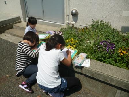 写真:校庭の植物を観察する様子