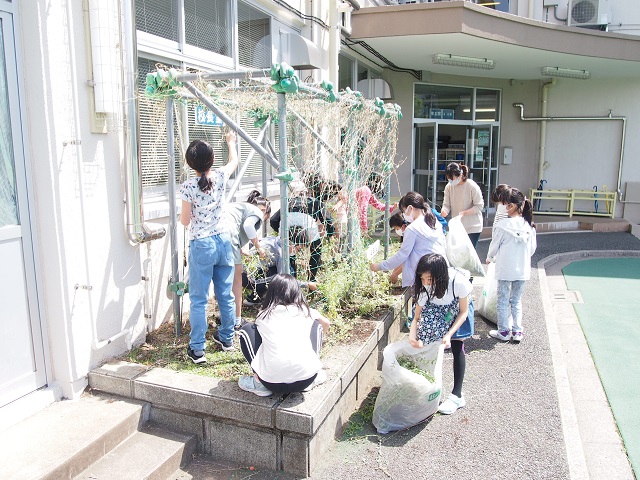 写真:花壇の雑草を抜く様子1