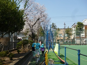 写真:保育園児が校庭をお散歩する様子1