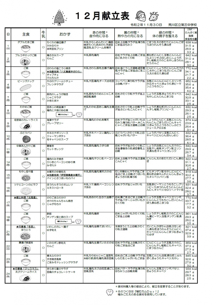 チラシ:令和2年12月献立表