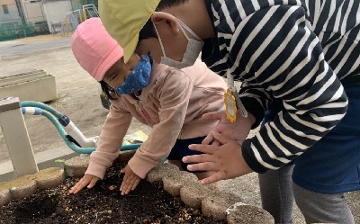 写真:一緒に球根を植える子どもたち