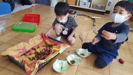 写真:ドングリを磨く子どもたち