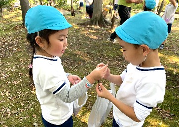 写真:友達とどんぐりの品評会