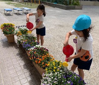 写真:水やりをする子どもたち