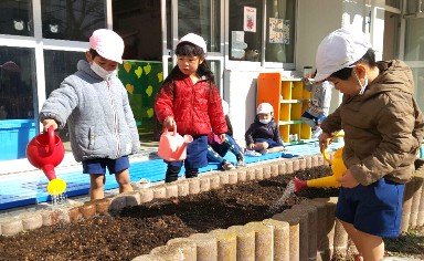 写真:水やりをする子どもたち