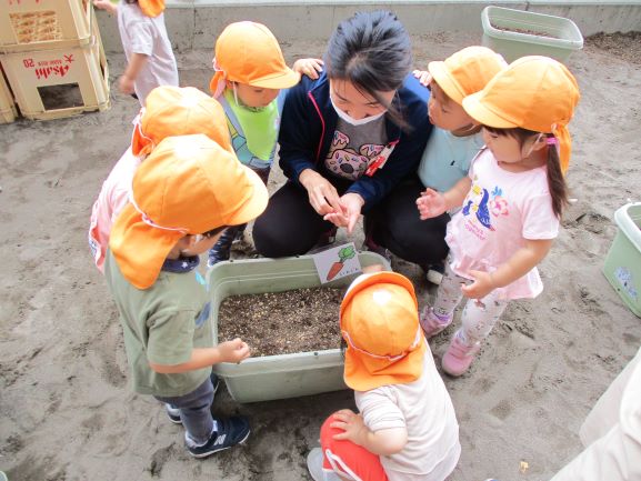 写真:野菜の種を植える子どもたち1