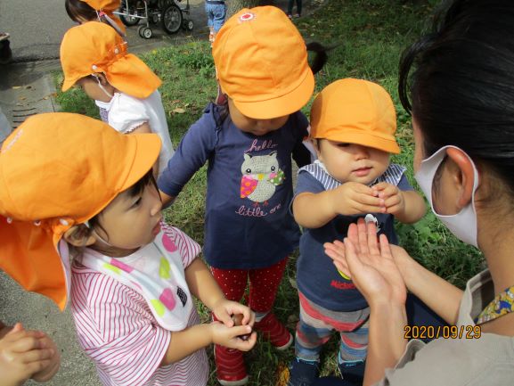 写真:どんぐりを先生に見せる子どもたち