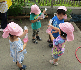 写真:花をもむ子どもたち