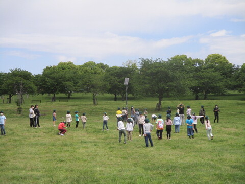 全校遠足で出かけた舎人公園で縦割り班で遊んでいる写真