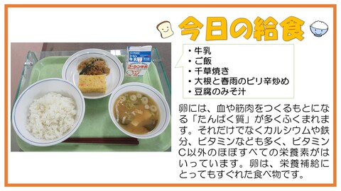 11月30日　牛乳、ご飯、千草焼き、大根と春雨のピリ辛炒め、豆腐のみそ汁