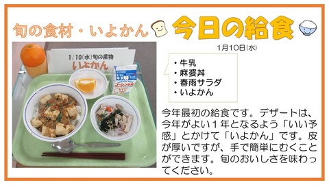 1月10日　牛乳、麻婆丼、春雨サラダ、いよかん