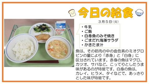 3月5日　牛乳、ご飯、白身魚のみそ焼き、ごまだれ海藻サラダ、かきたま汁