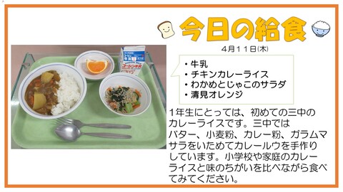 4月11日　牛乳、チキンカレーライス、わかめとじゃこのサラダ、清見オレンジ