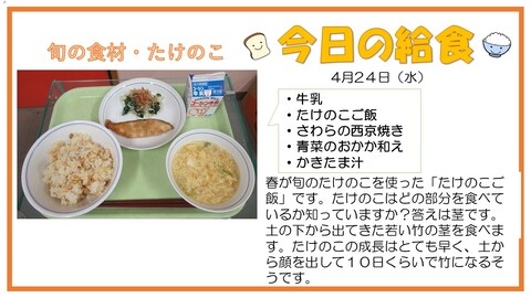 4月24日　牛乳、たけのこご飯、さわらの西京焼き、青菜のおかか和え、かきたま汁