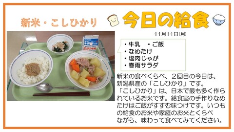 11月11日　牛乳、ご飯、なめたけ、塩肉じゃが、春雨サラダ