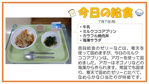7/7　牛乳、カラフル焼肉丼、海藻サラダ、ミルクココアプリン