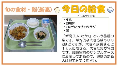10/22　牛乳、四川丼、わかめとツナのサラダ、梨