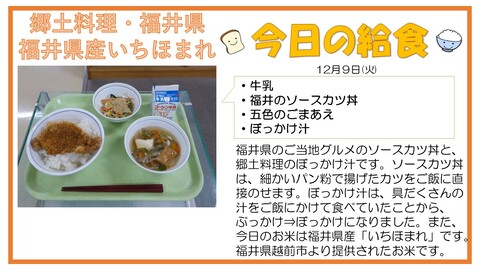 12/9　牛乳、福井のソースカツ丼、五色のごまあえ、ぼっかけ汁