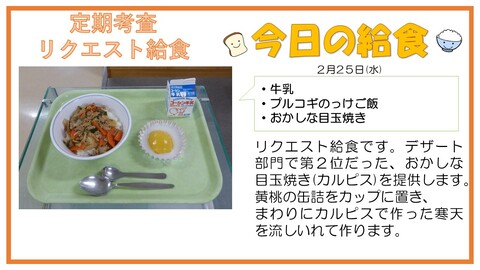 2/25　牛乳、プルコギのっけご飯、おかしな目玉焼き