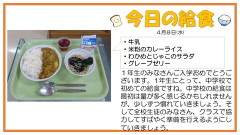 4/8　牛乳、米粉のカレーライス、わかめとじゃこのサラダ、グレープゼリー