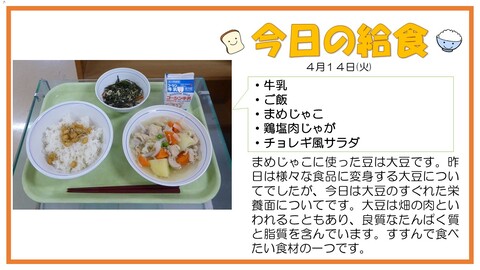 4/14　牛乳、ご飯、豆じゃこ、鶏塩肉じゃが、チョレギ風サラダ