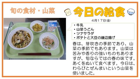 4/17　牛乳、山菜うどん、ツナサラダ、ポテトと大豆の磯辺揚げ