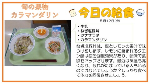 5/12　牛乳、ねぎ塩豚丼、ツナサラダ、カラマンダリン