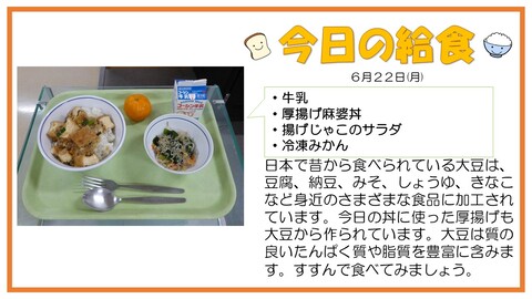 6/22　牛乳、厚揚げ麻婆丼、揚げじゃこのサラダ、冷凍みかん