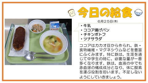 6/25　牛乳、ココア揚げパン、チキンポトフ、ツナサラダ