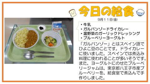 9/11　牛乳、ガルバンゾードライカレー、温野菜のガーリックドレッシング、ブルーベリーヨーグルト