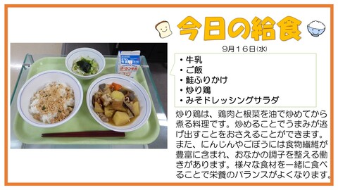 9/16　牛乳、ご飯、鮭ふりかけ、炒り鶏、みそドレッシングサラダ