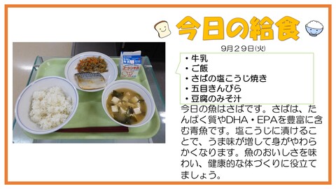 9/29　牛乳、ご飯、さばの塩こうじ焼き、五目きんぴら、豆腐のみそ汁